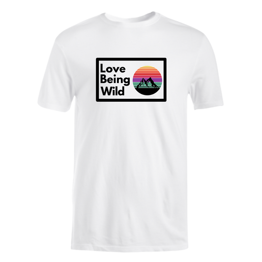 White t-shirt with 'Love Being Wild' graphic design on a white background