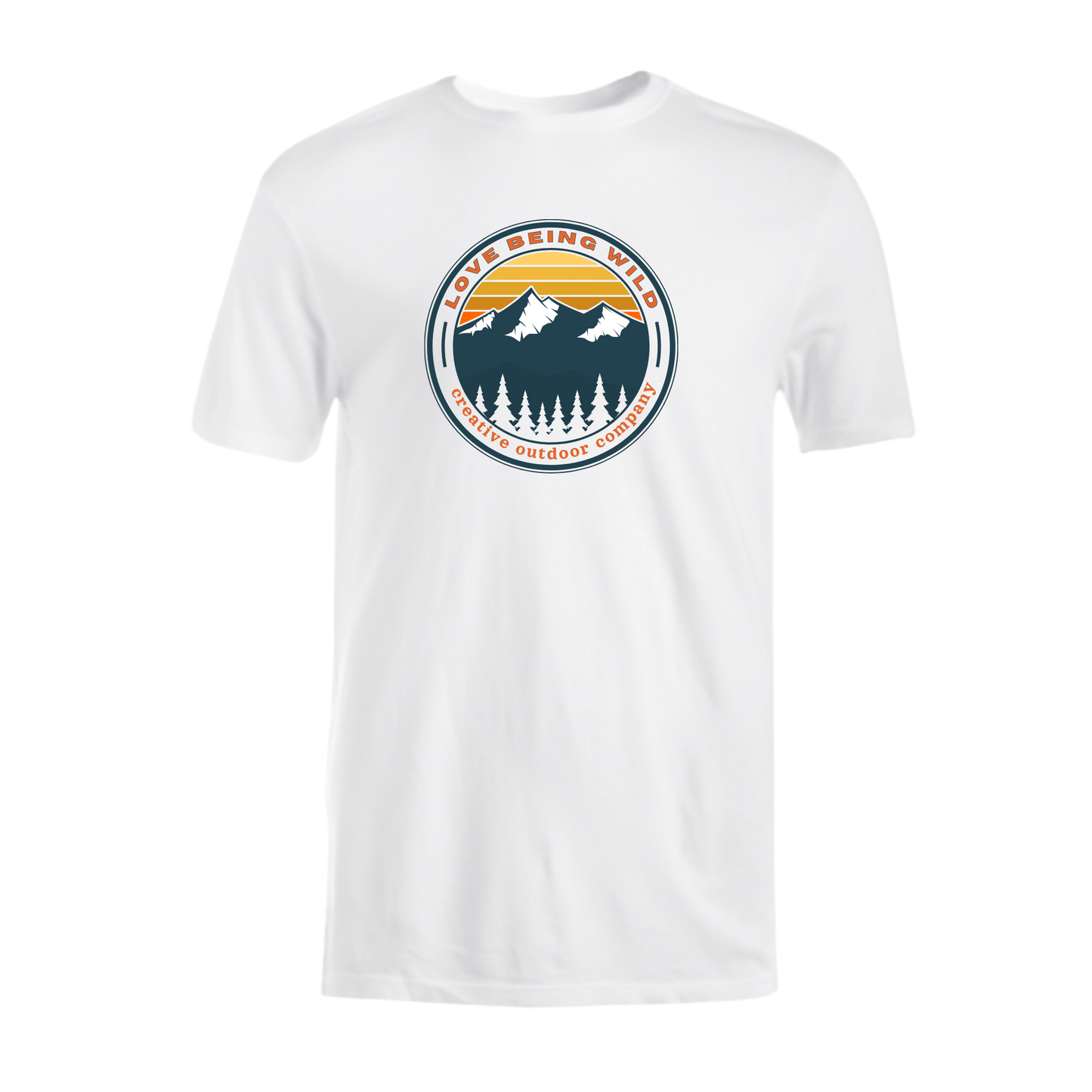 White t-shirt with a mountain and tree graphic on a white background