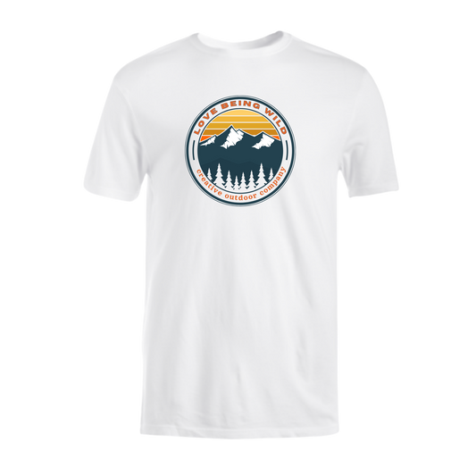 White t-shirt with a mountain and tree graphic on a white background