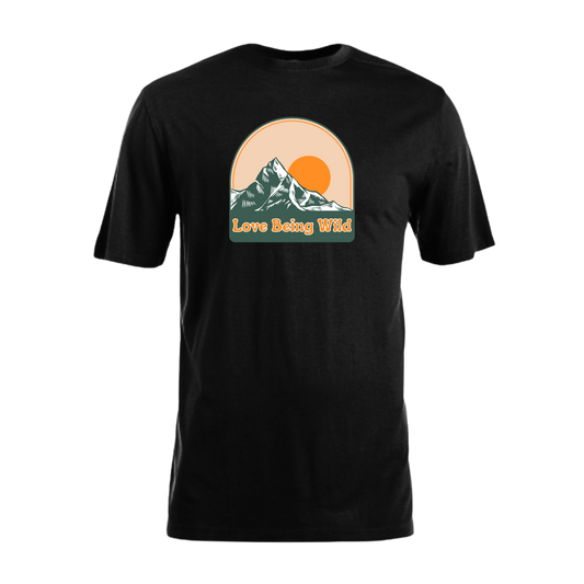 Black t-shirt with a mountain and sun graphic and 'Love Being Wild' text on a white background