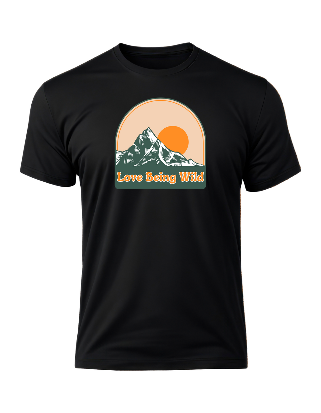 Black t-shirt with mountain graphic and 'Love Being Wild' text 
