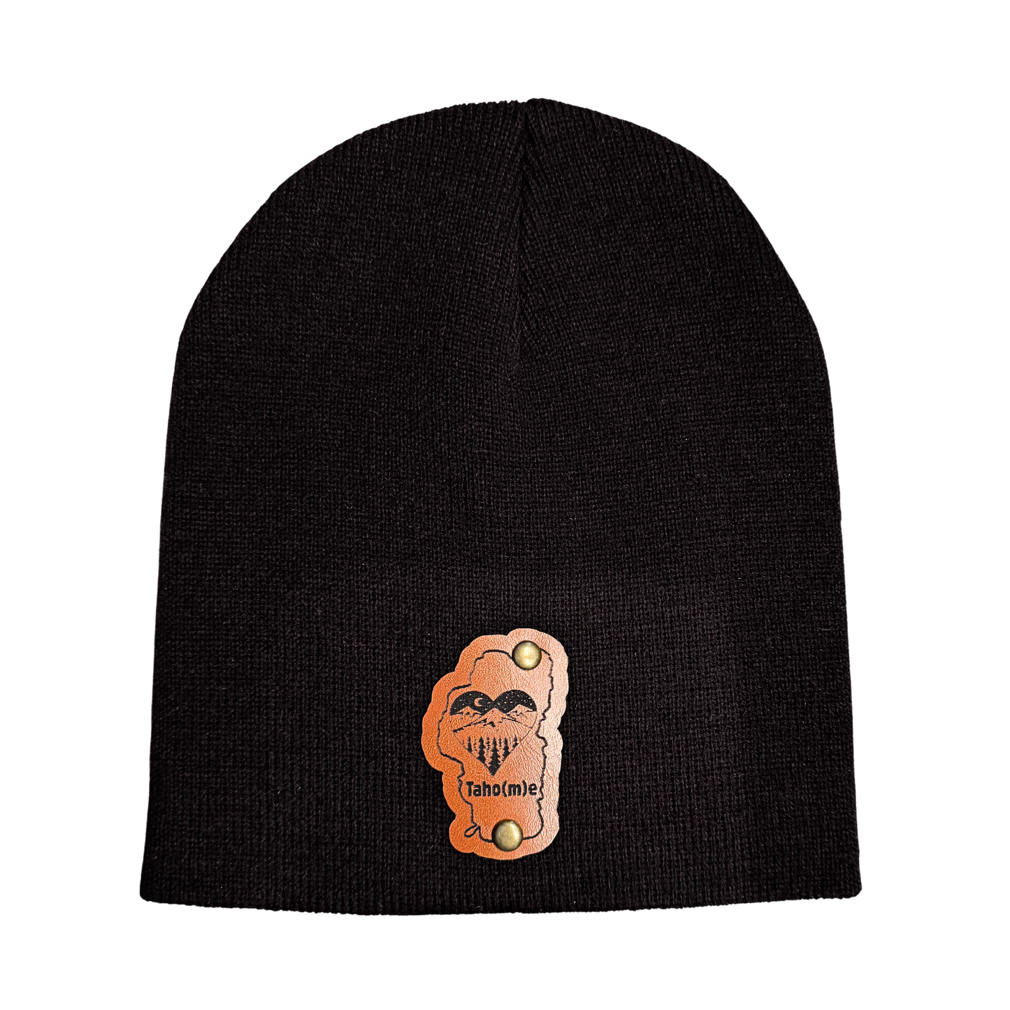 Black beanie with an orange and white logo on a white background