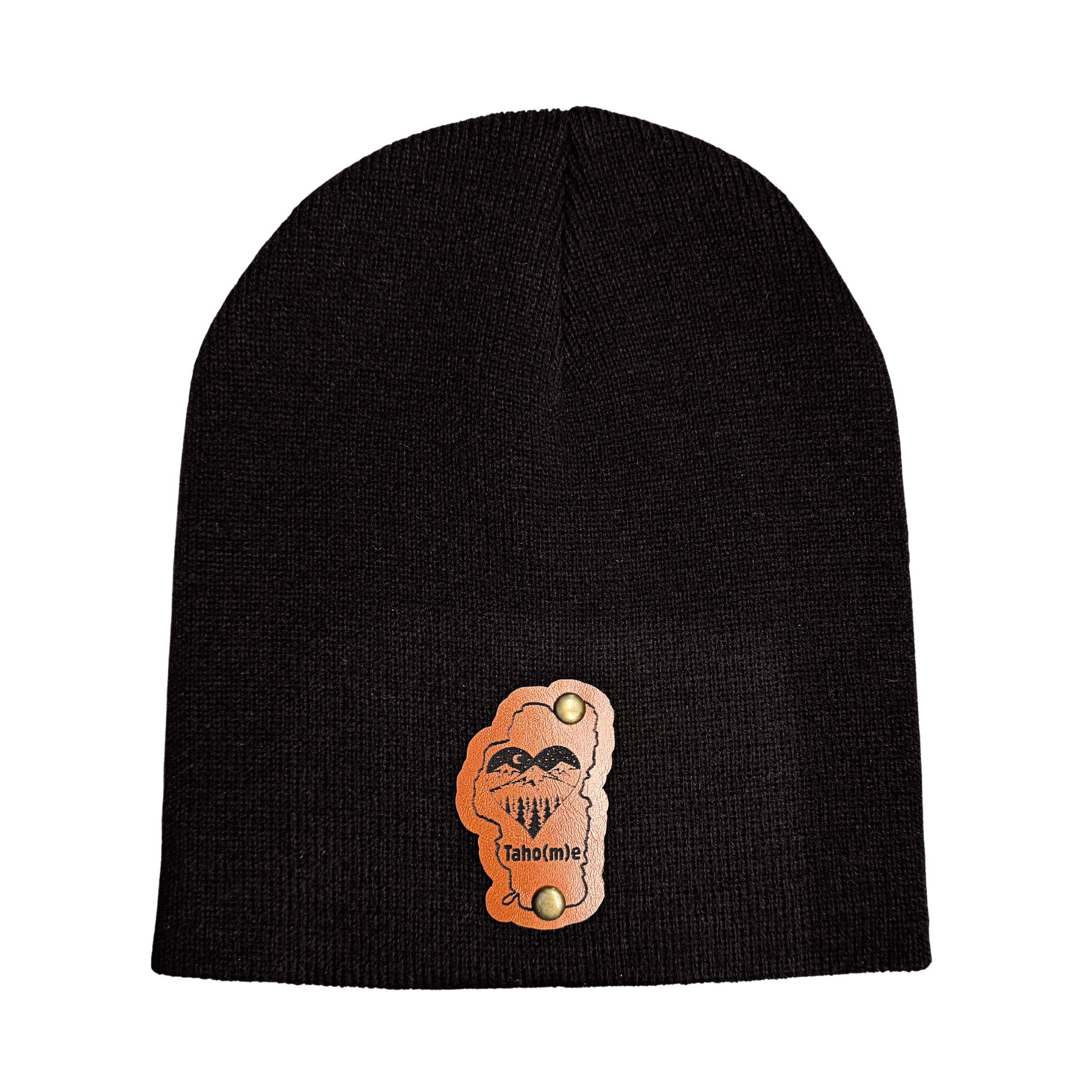 Black beanie with an orange and white logo on a white background