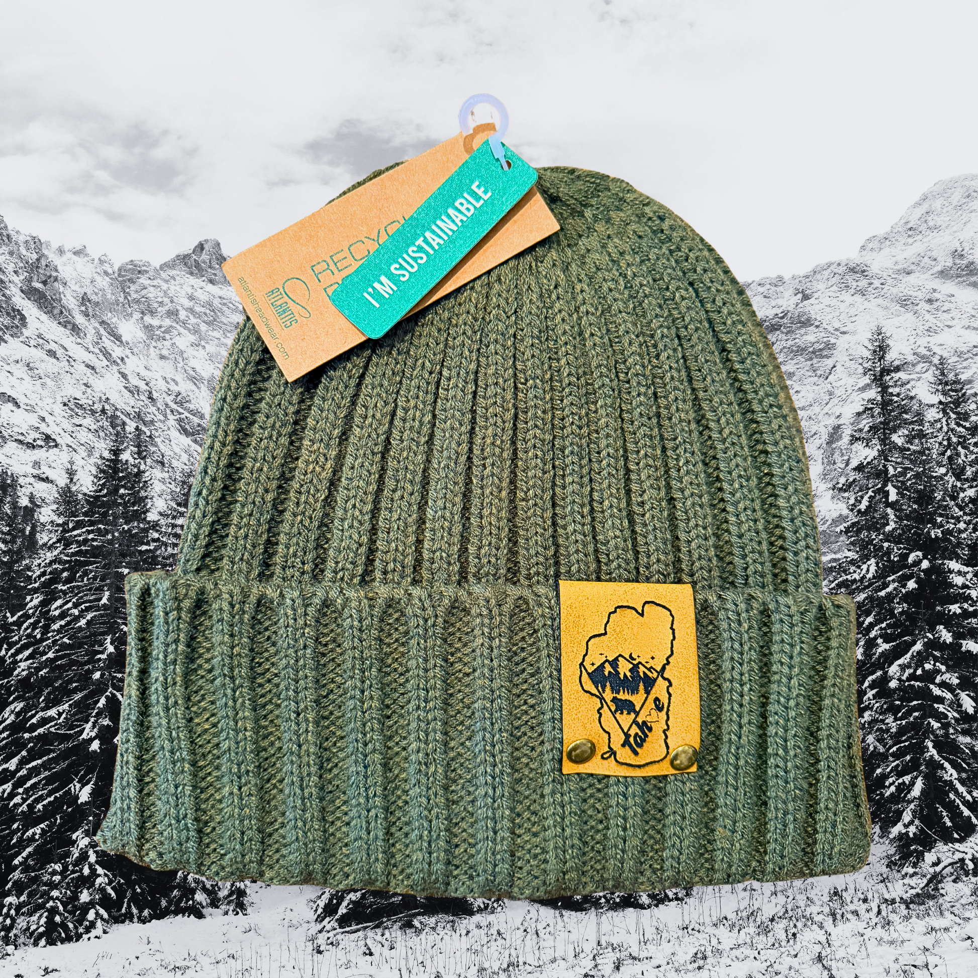 Green knit beanie with a yellow patch and tag in a snowy mountain setting