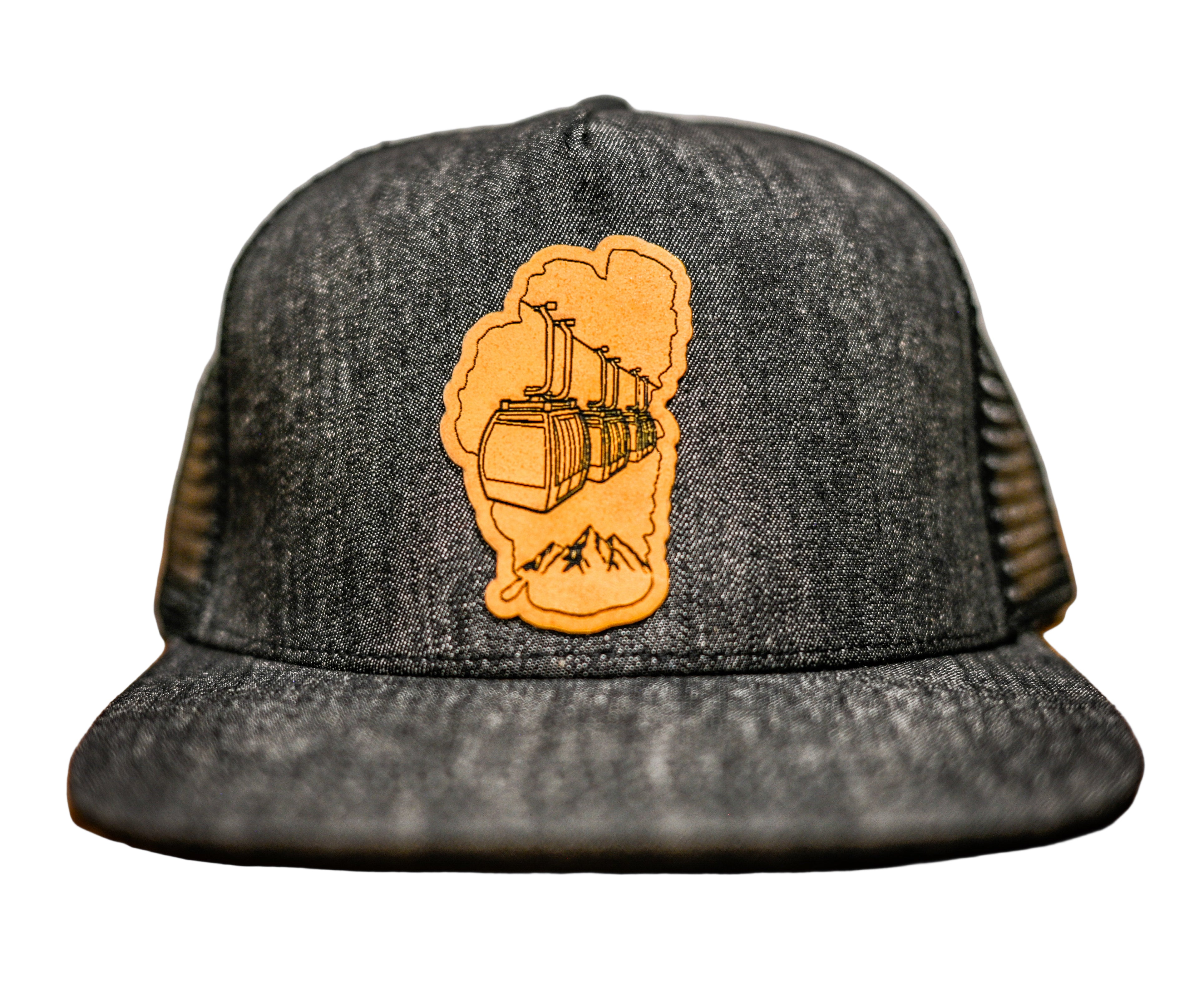 Black jean material hat with Lake Tahoe and mountains with a tram