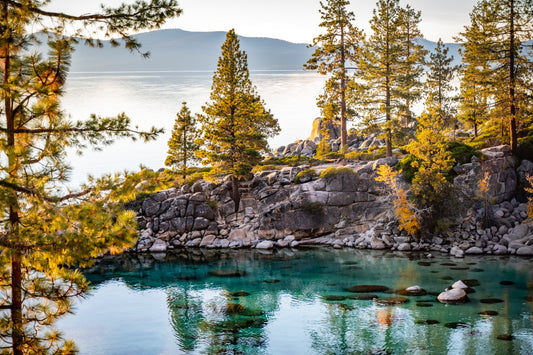 Fine art photograph of turquoise Lake Tahoe water beneath granite cliffs and sunlit pine trees.