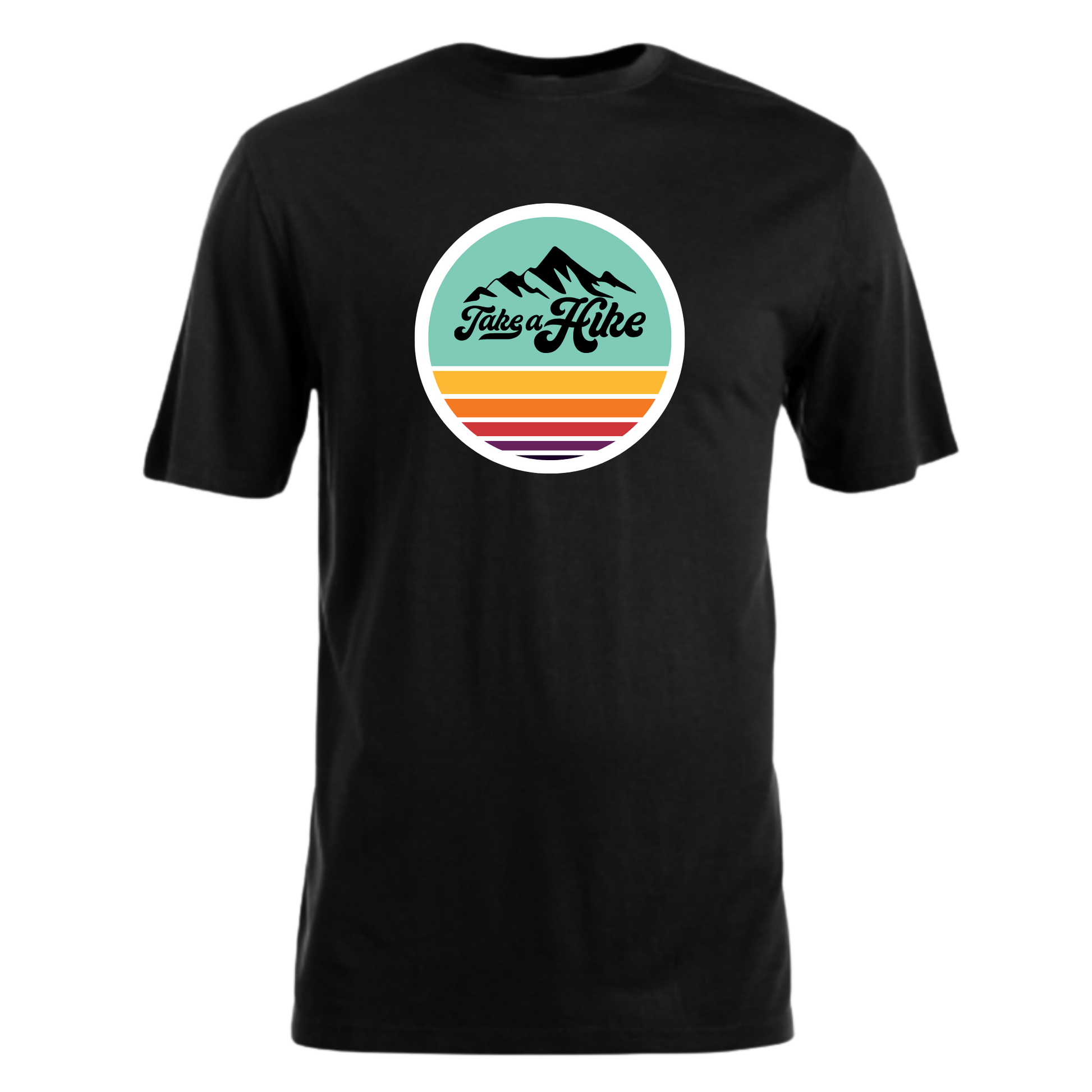 Black t-shirt with a colorful graphic design on a white background