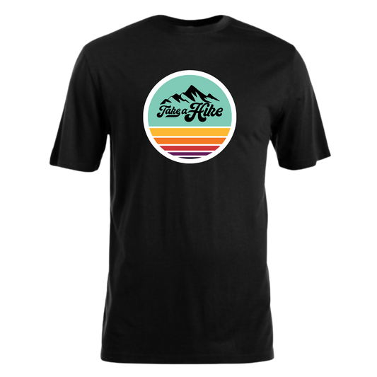 Black t-shirt with a colorful graphic design on a white background