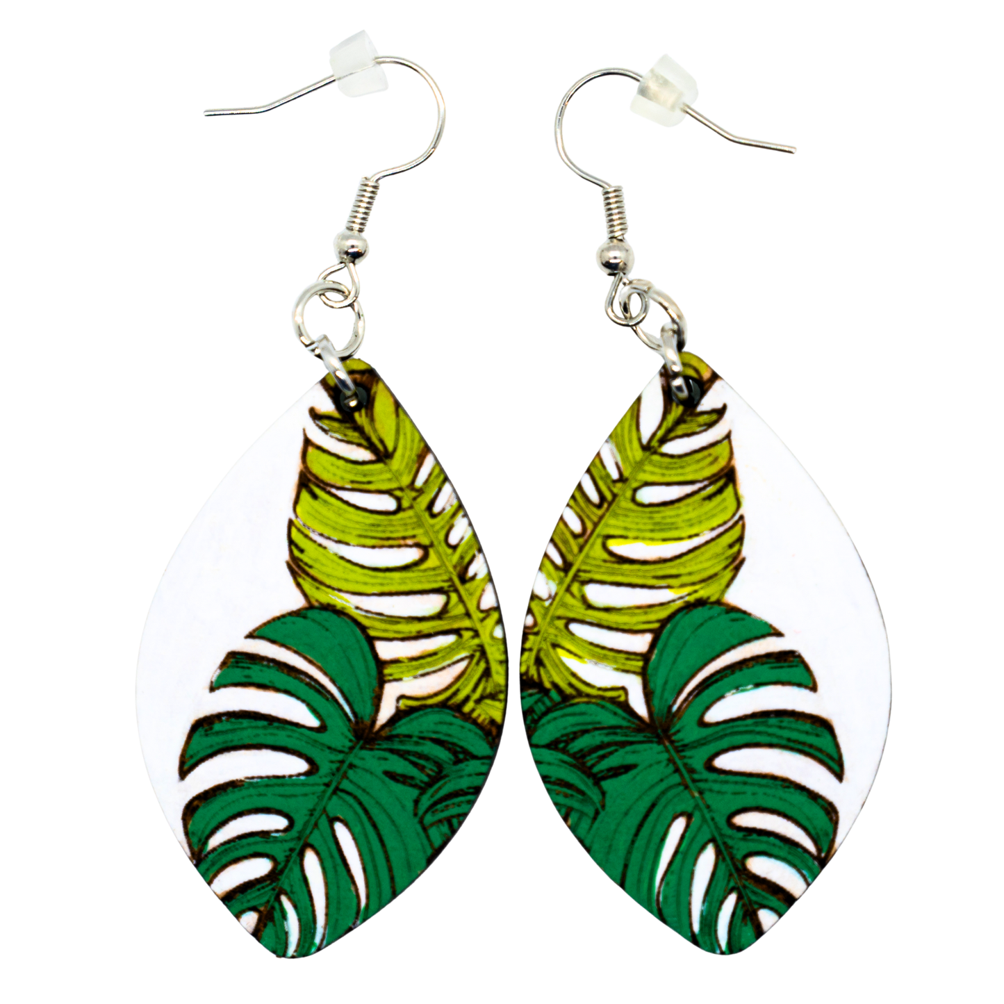 Tropical Monstera Leaf earrings on white marquise drops