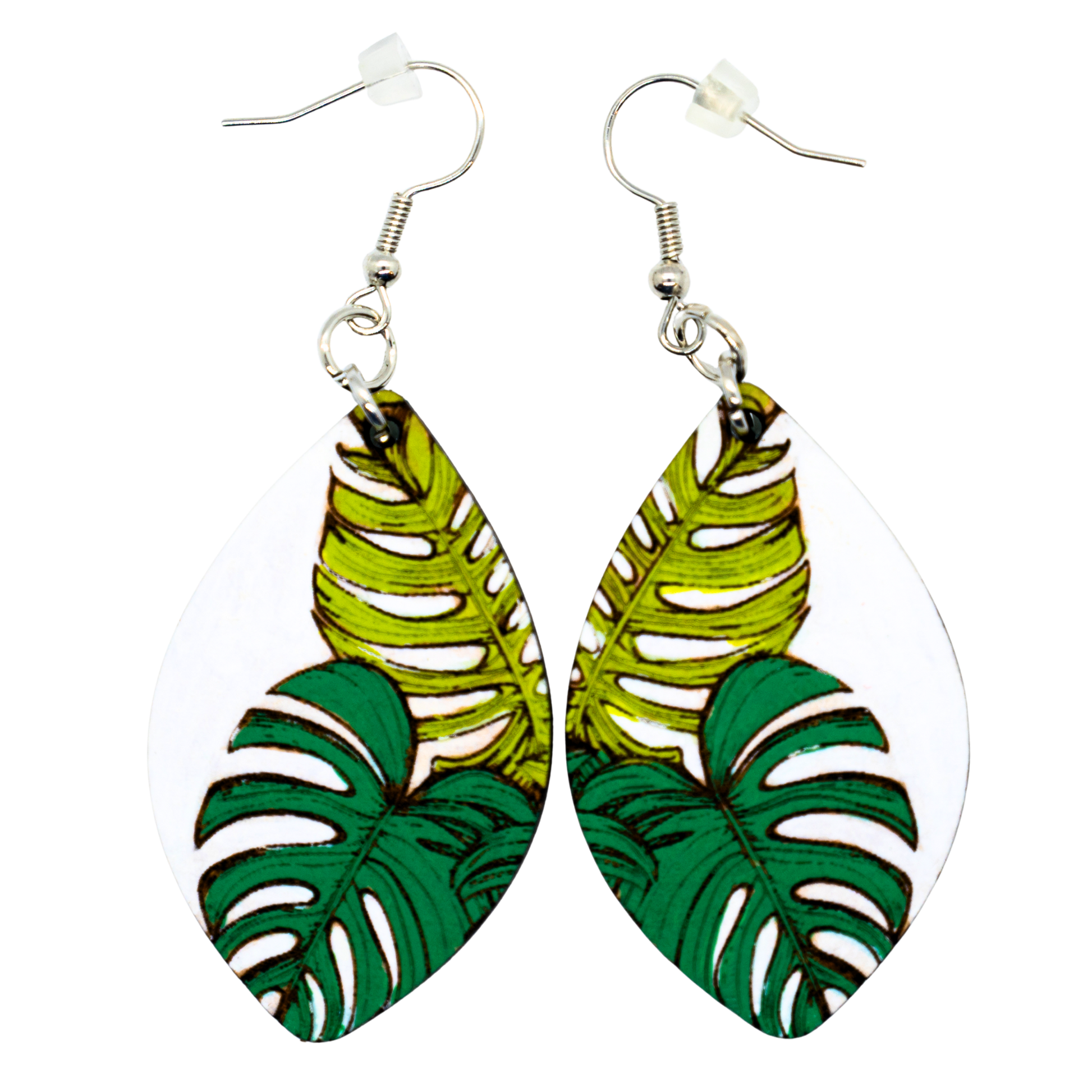Tropical Monstera Leaf earrings on white marquise drops