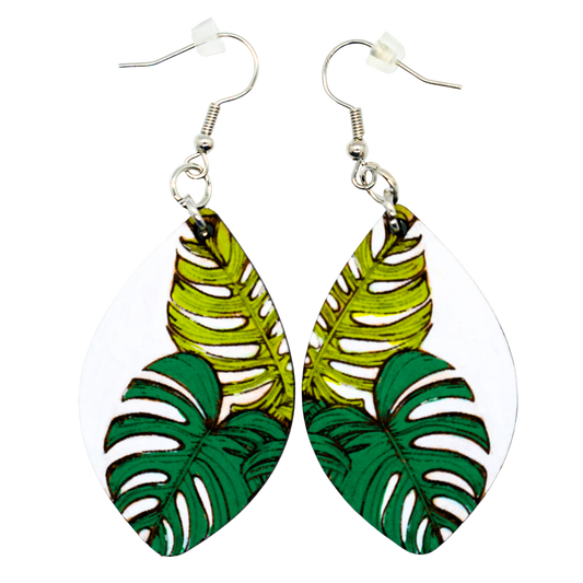 Tropical Monstera Leaf earrings on white marquise drops