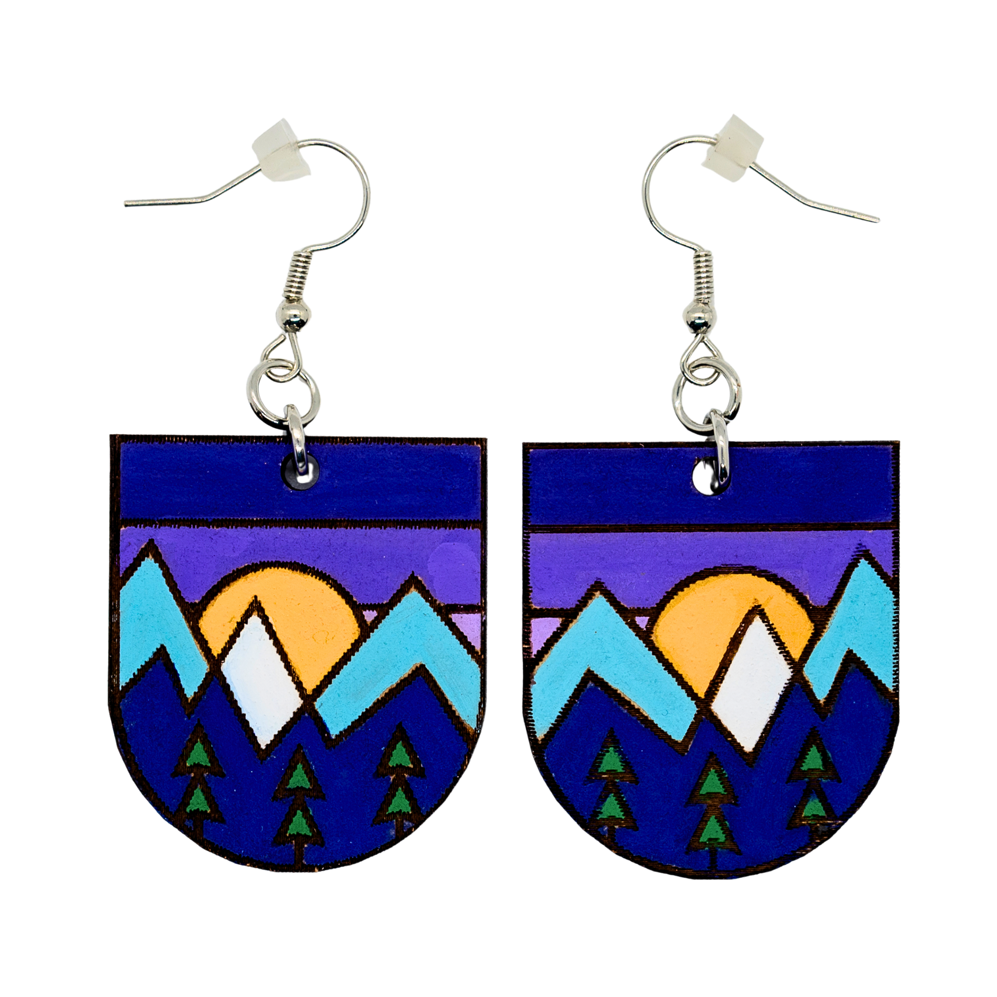 Twilight mountain earrings with pines and violet night sky