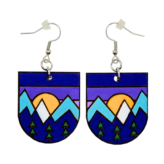 Twilight mountain earrings with pines and violet night sky