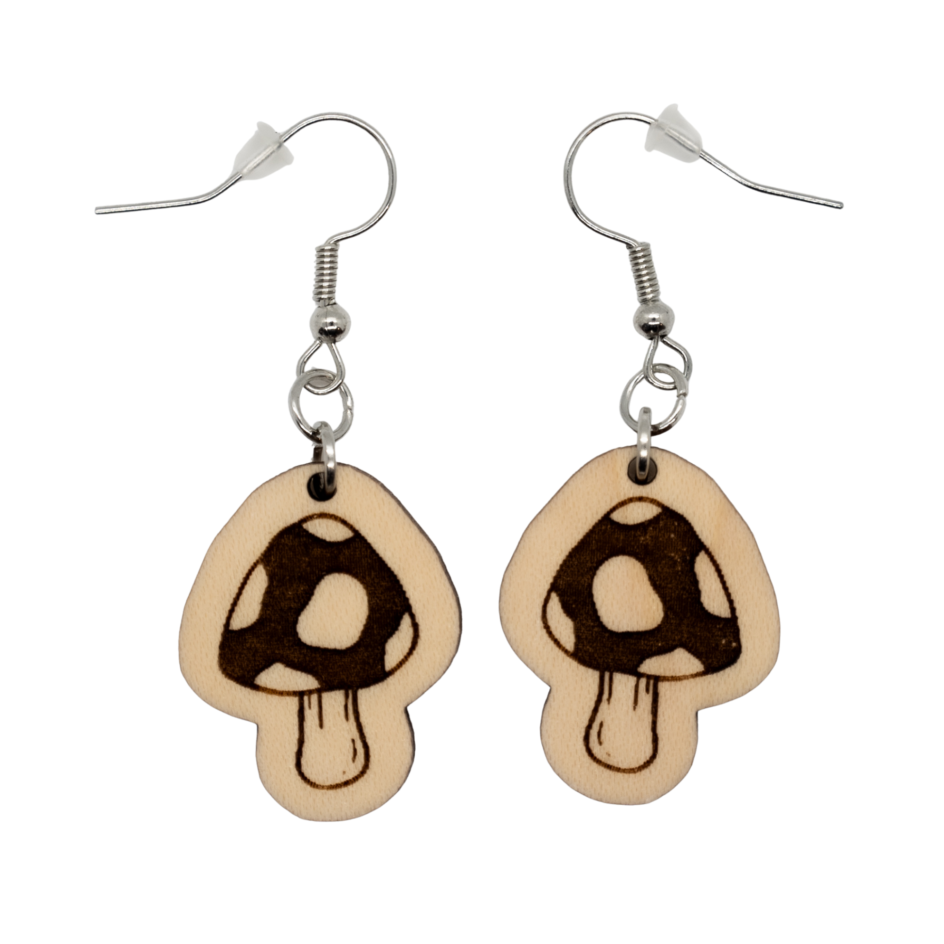 Small wood mushroom earrings with sterling silver hooks