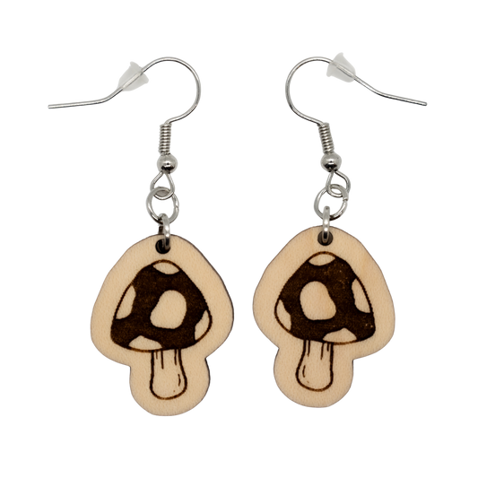 Small wood mushroom earrings with sterling silver hooks