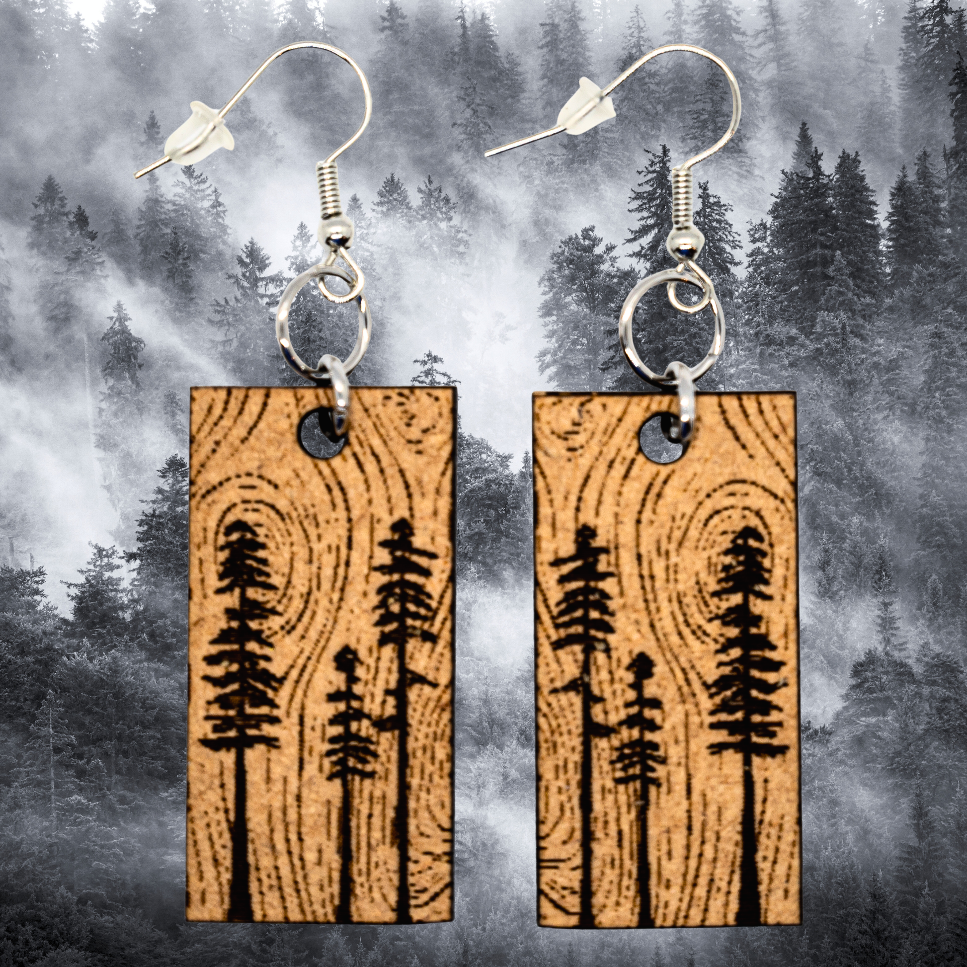 Forest Tree Line lightweight wood earrings with silver hooks
