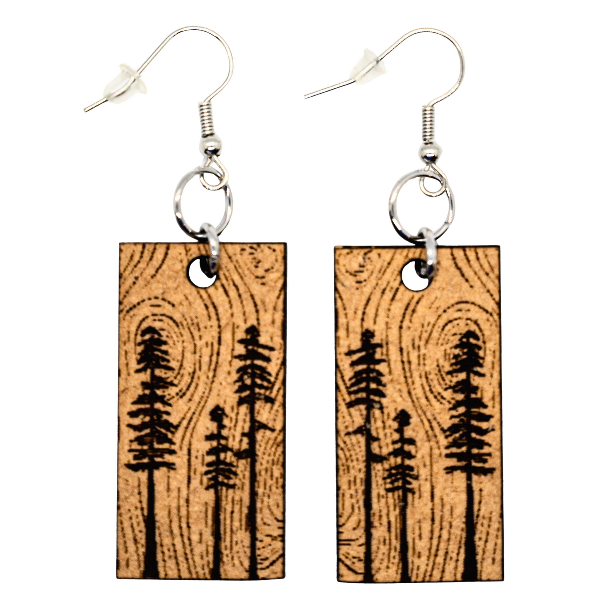 Woodgrain rectangle earrings with pine tree silhouettes