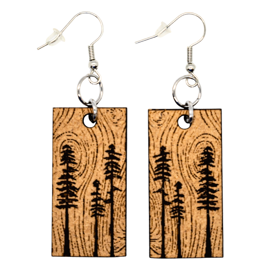 Woodgrain rectangle earrings with pine tree silhouettes
