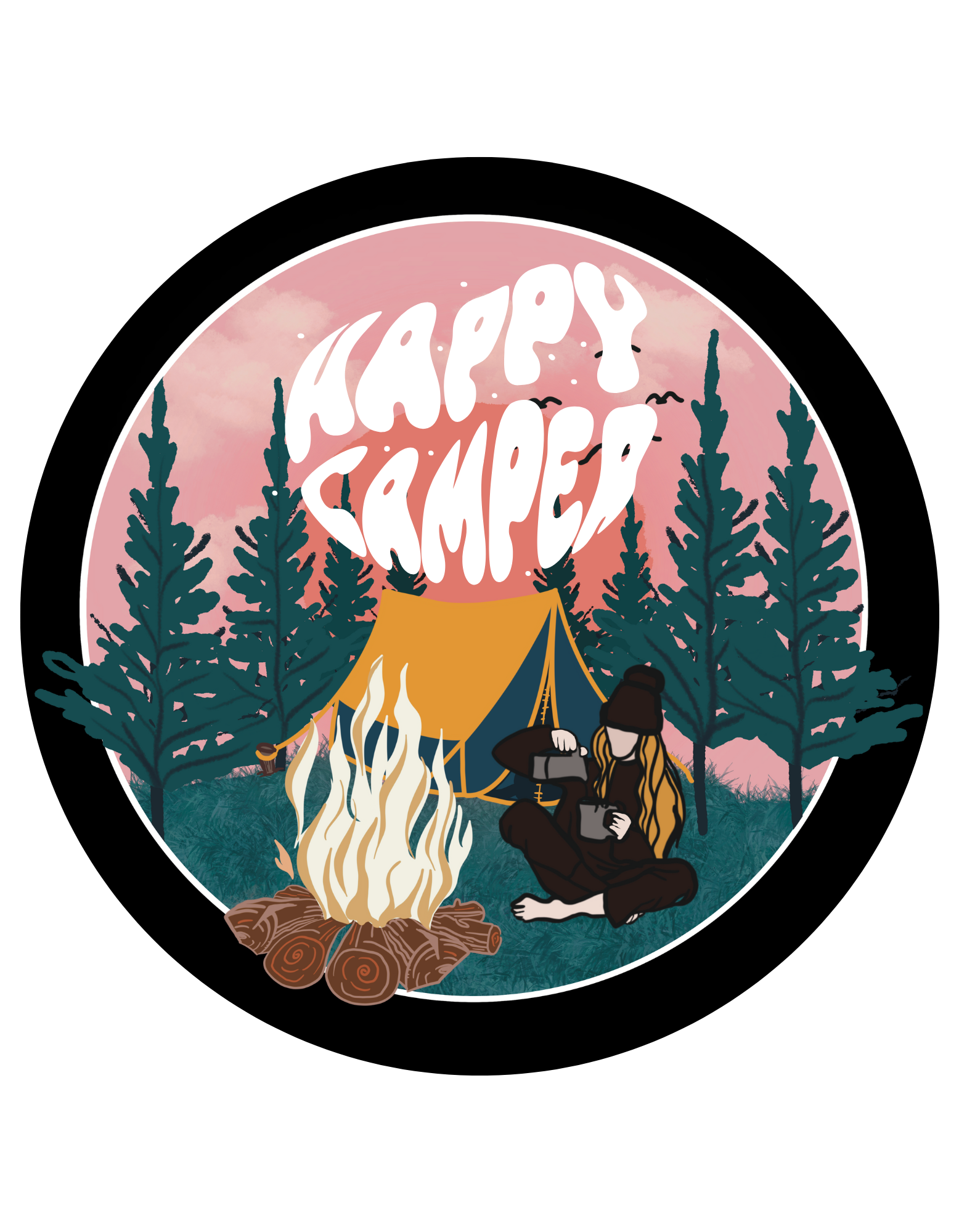 Circular sticker with a cartoon dog by a campfire and tent, under 'Happy Camper' text, on a pink sky background.