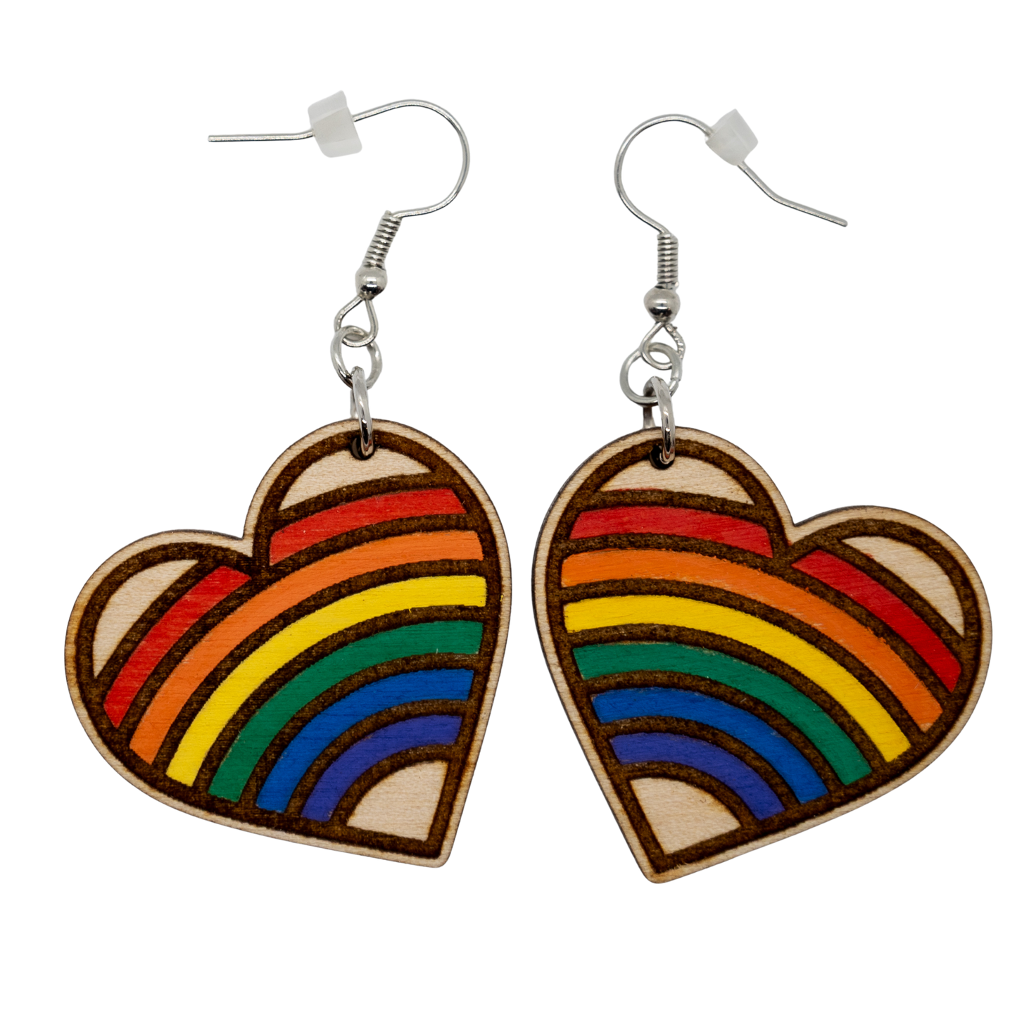 Rainbow wood heart earrings with sterling silver hooks