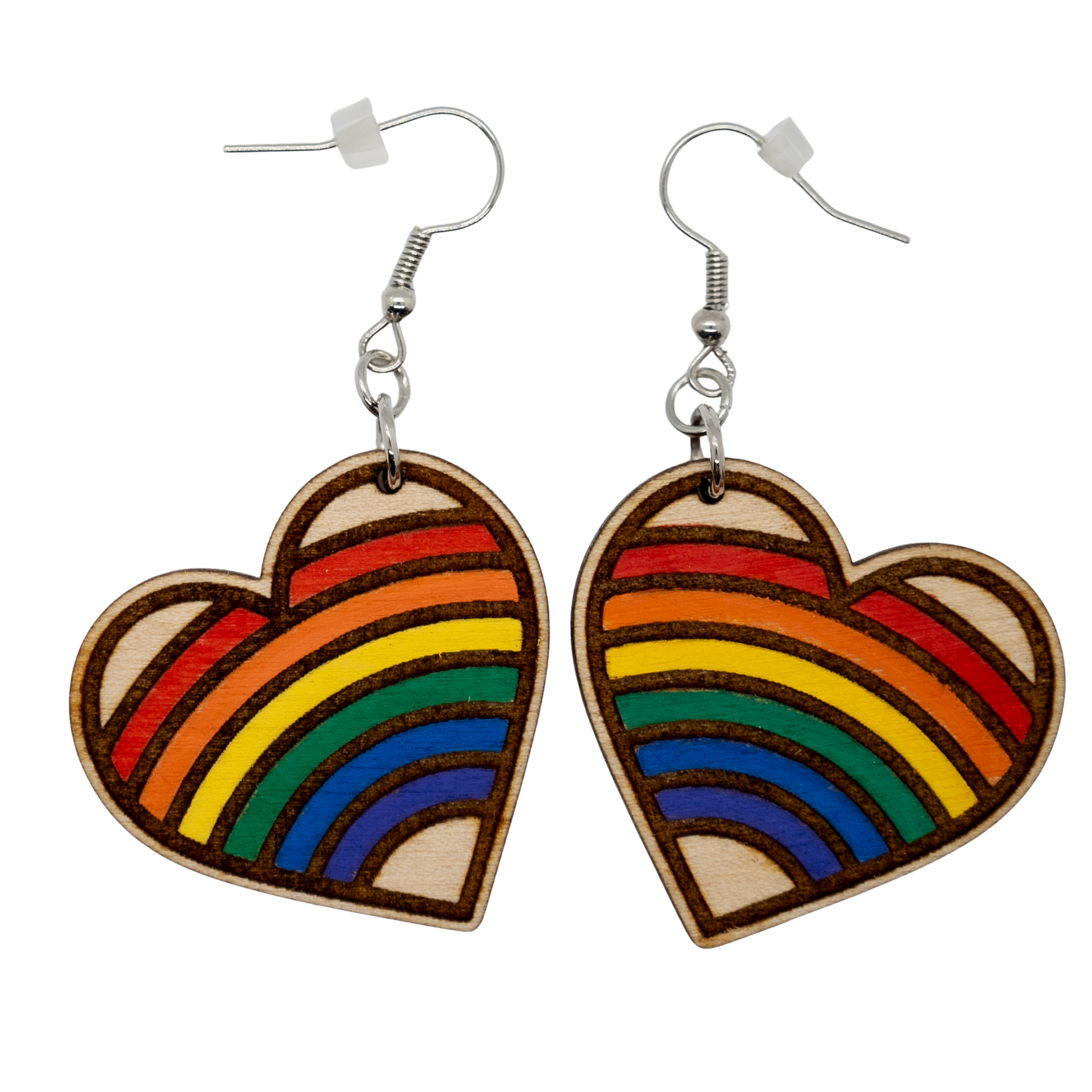 Rainbow wood heart earrings with sterling silver hooks