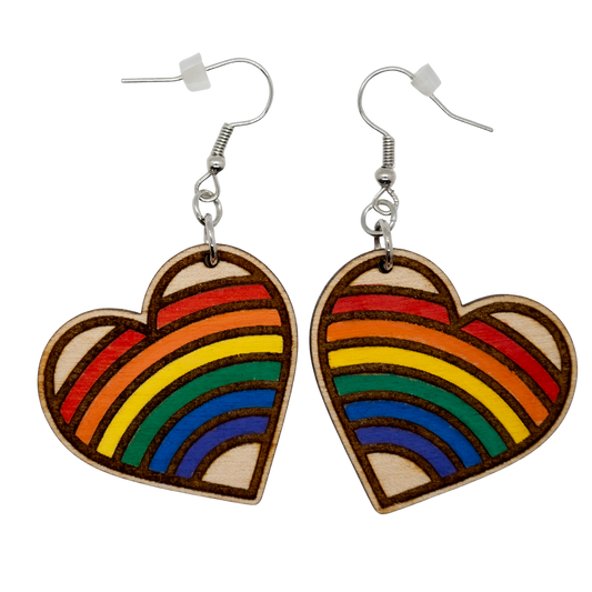 Rainbow wood heart earrings with sterling silver hooks