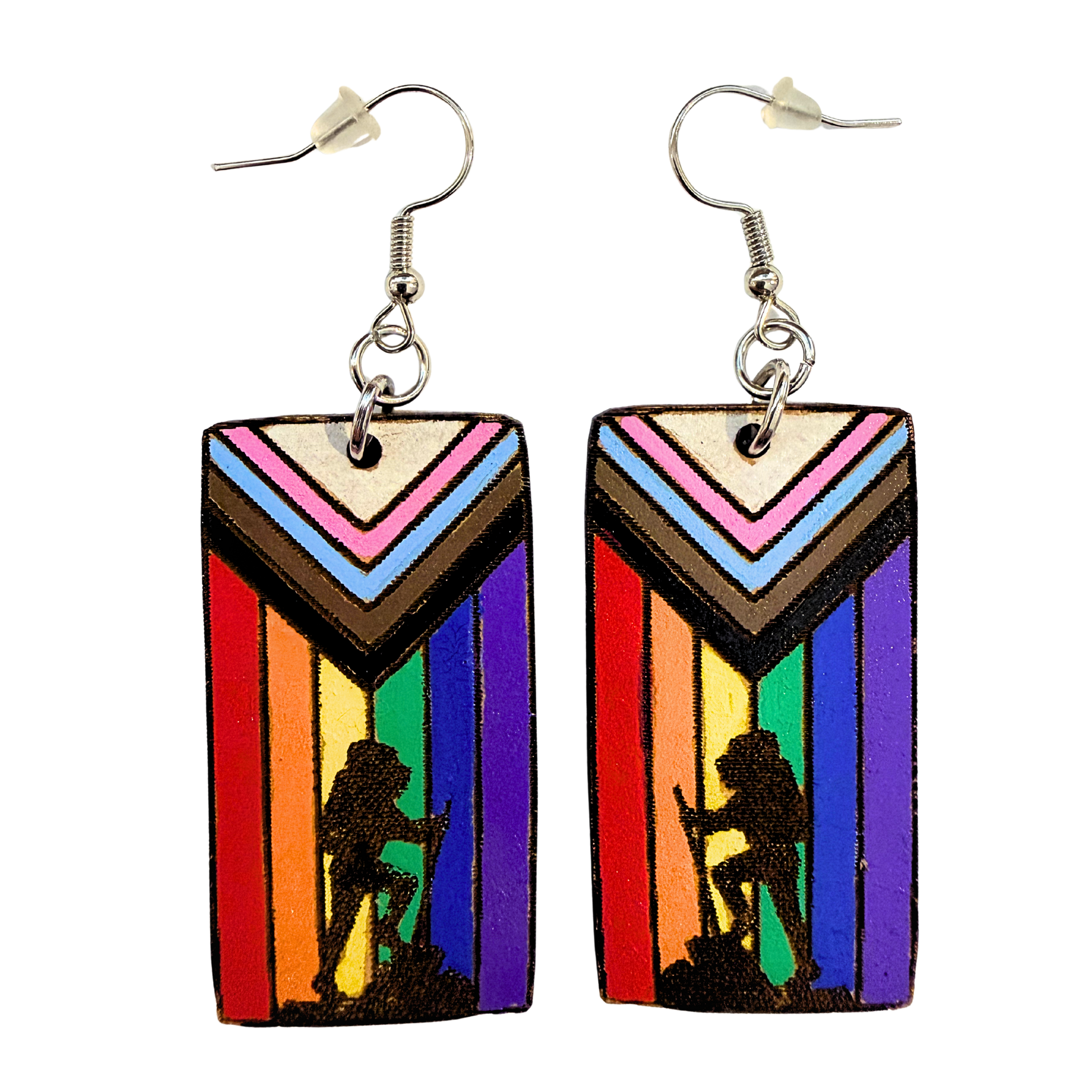 Rainbow hiking earrings with hiker silhouette and silver hooks