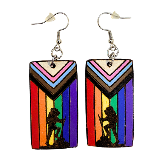 Rainbow hiking earrings with hiker silhouette and silver hooks